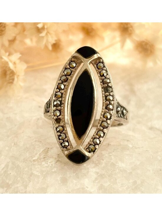 Art Deco Black Onyx & Marcasite 925 Sterling Silver Vintage Ring - sz 6.5 - Picture 1 of 12